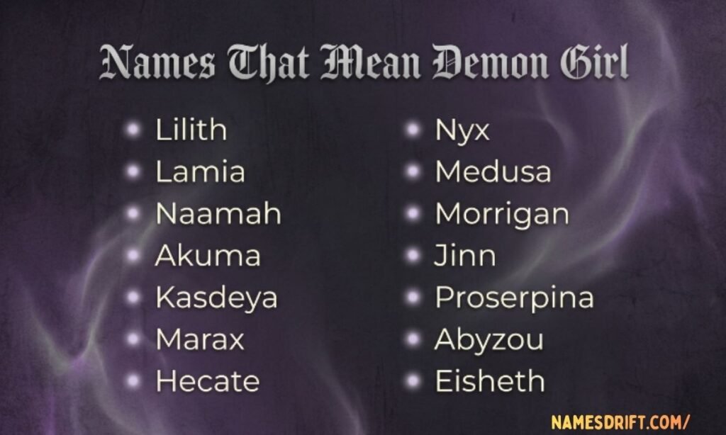 Dark feminine demon girl names graphic with purple gothic background.
