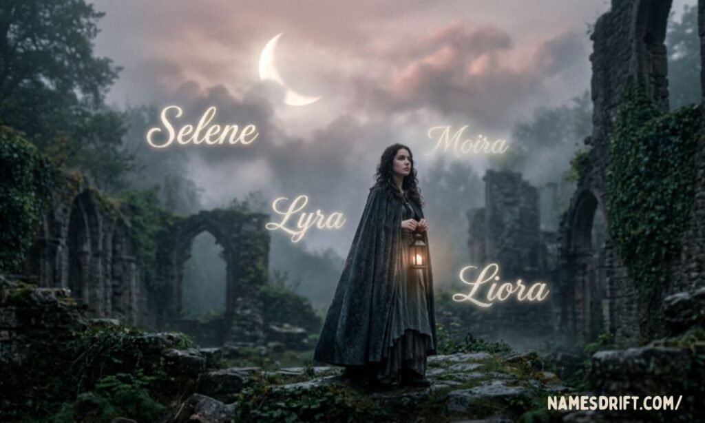 Mystical forgotten girl surrounded by glowing poetic names in moonlit fog.