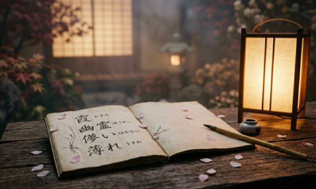 Traditional Japanese notebook with poetic forgotten-inspired names beside lantern light.
