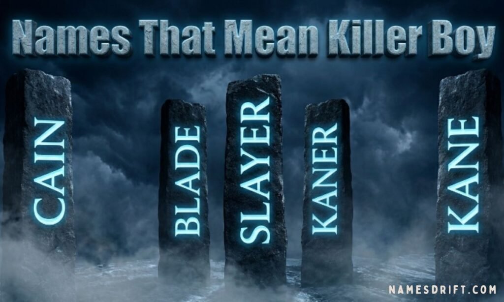 Dark masculine killer names displayed on stone pillars in a stormy atmosphere.