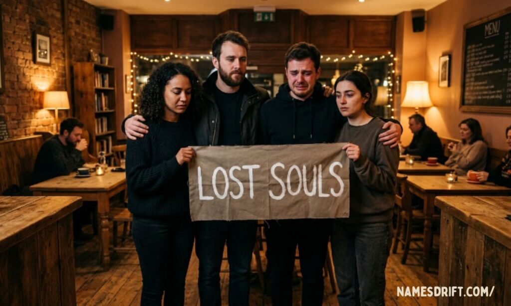 Friends holding a Lost Souls banner in a warm moody room.