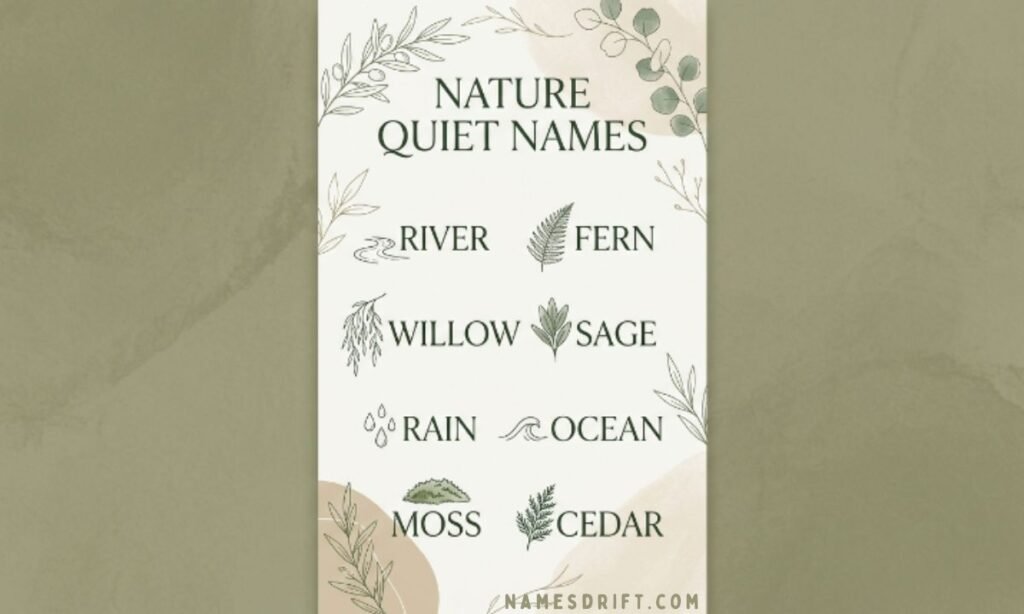 Nature-inspired peaceful baby names image with earthy pastel background.