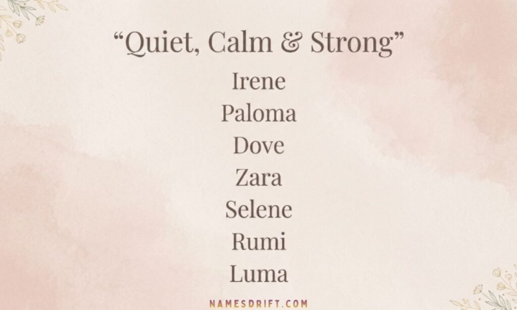 Elegant baby names graphic with calm and strong peaceful names.