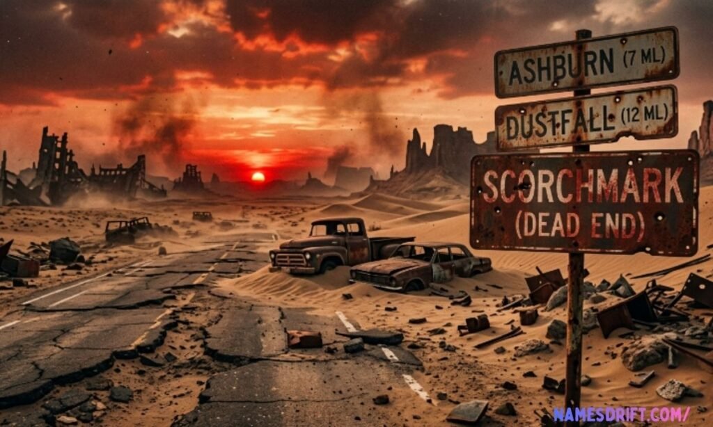 Post-apocalyptic desert wasteland with rusted signs and abandoned ruins