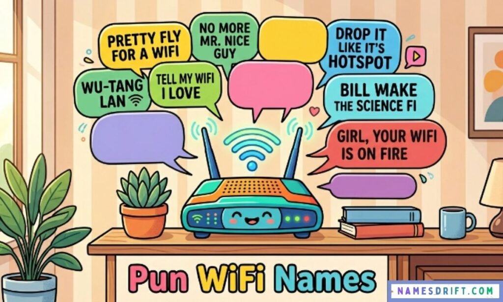 Pun-inspired funny WiFi names around a router
