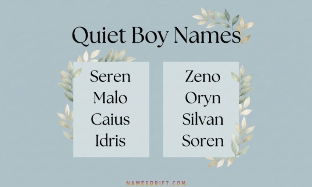 Aesthetic quiet boy names image with calm pastel blue background.