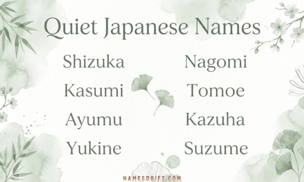 Japanese peaceful baby names image with sage green pastel background.
