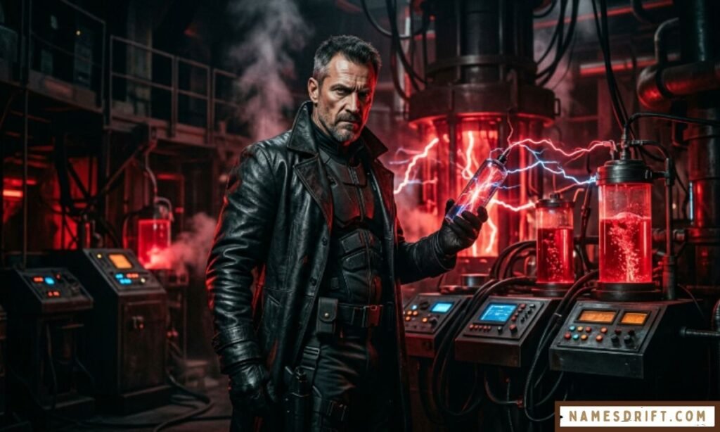 Dark sinister mad scientist villain in underground futuristic laboratory