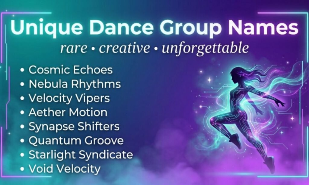 Unique dance squad image with fantasy-inspired neon artwork and modern typography