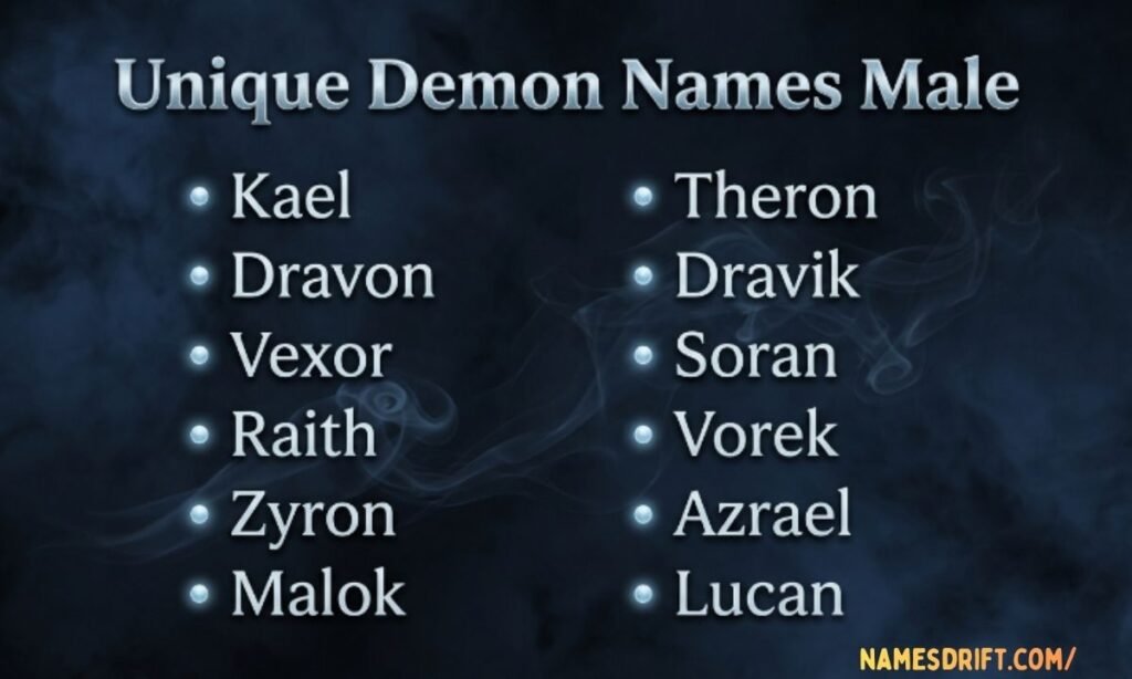 Dark male demon names image with navy blue fantasy background.