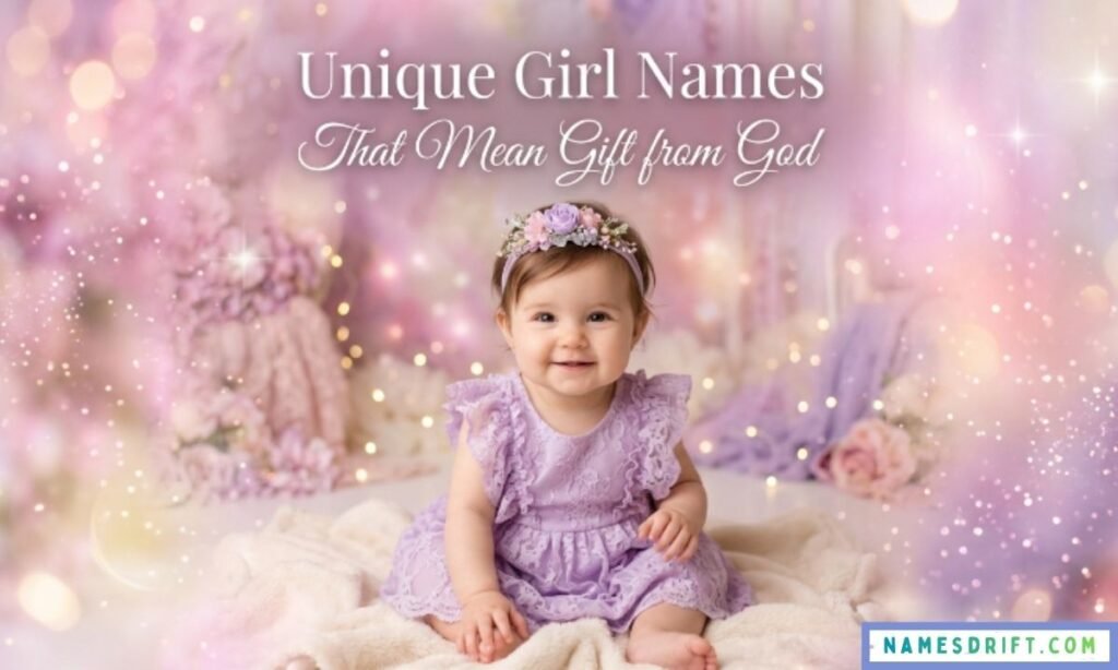 Cute baby girl with floral pastel background for unique girl names meaning gift from God