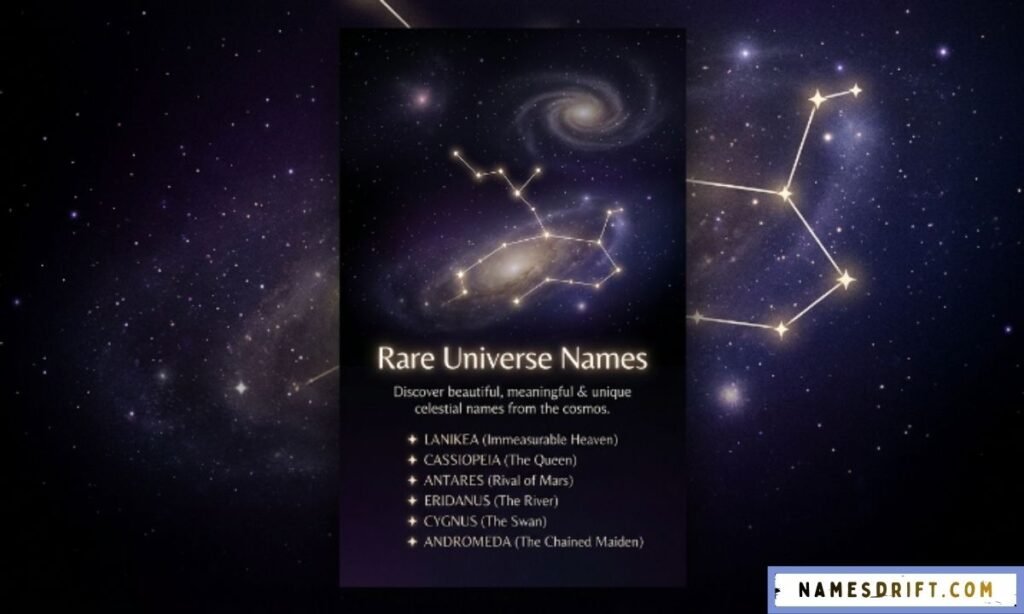 Rare cosmic names image with constellation background.