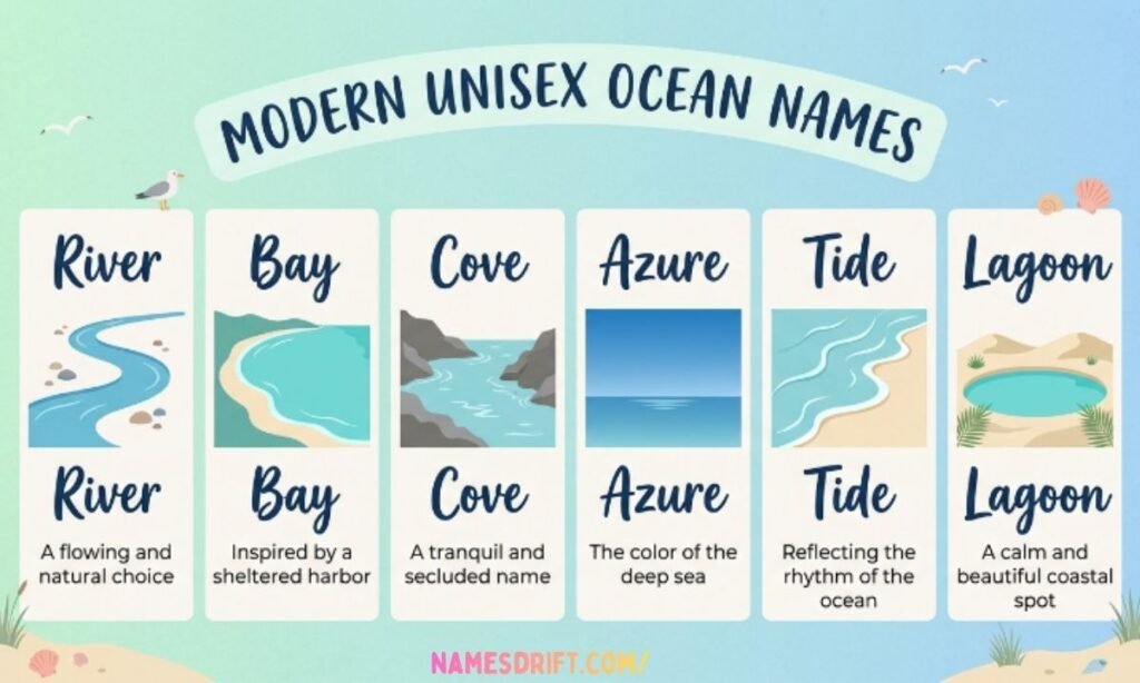 Unisex ocean names graphic with modern pastel beach theme
