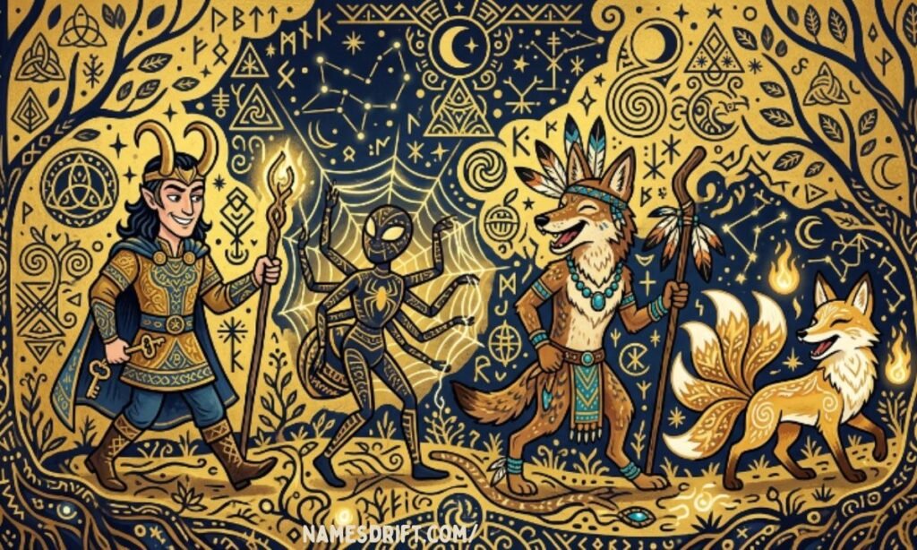 Mythological trickster characters from folklore represented in cartoon style

