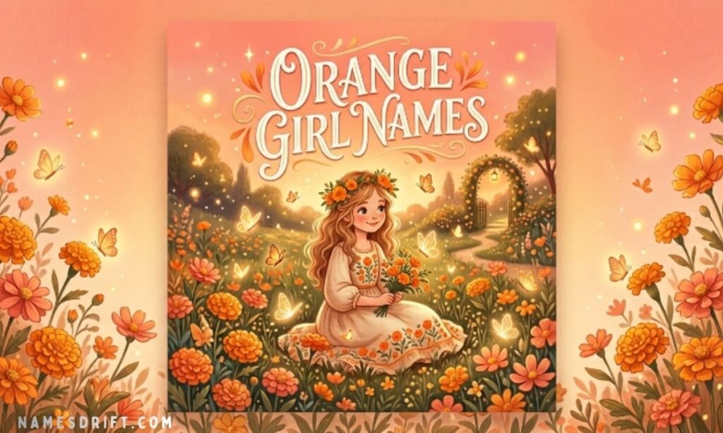 Beautiful feminine names inspired by the color orange with orange blossoms, butterflies, and warm pastel backgrounds.