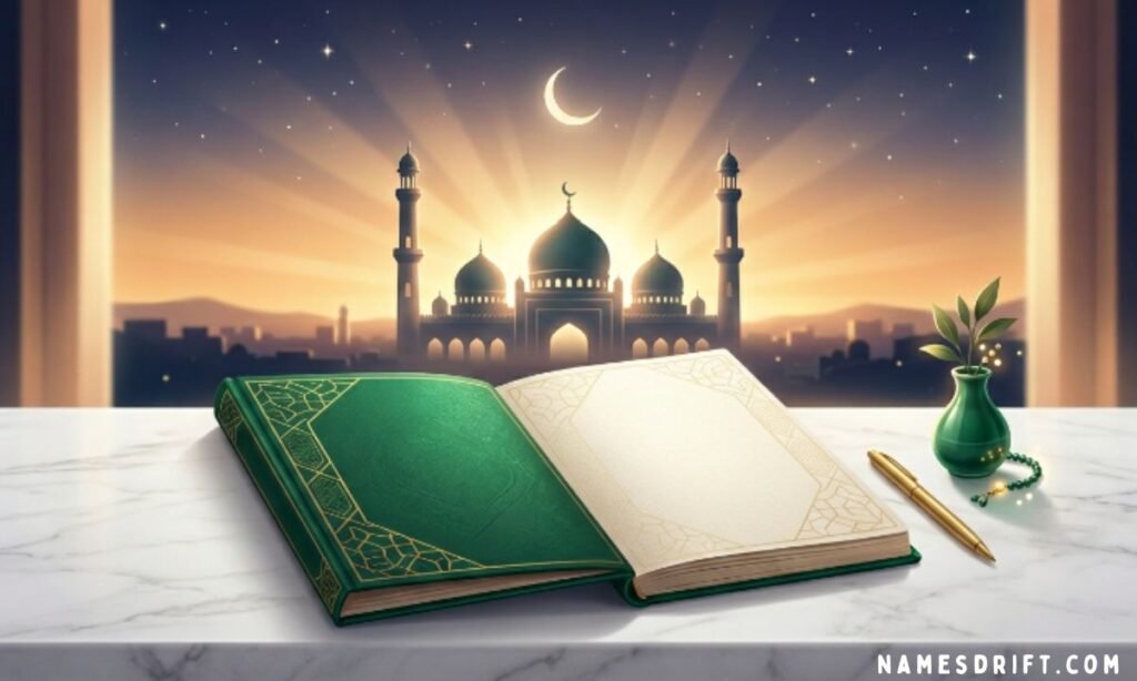 Islamic branding concept with mosque silhouette and creative notebook ideas background
