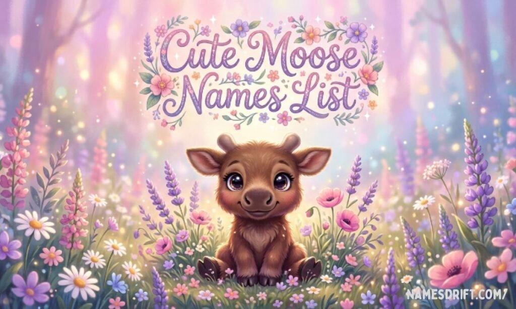 Cute baby moose surrounded by flowers representing adorable moose name ideas
