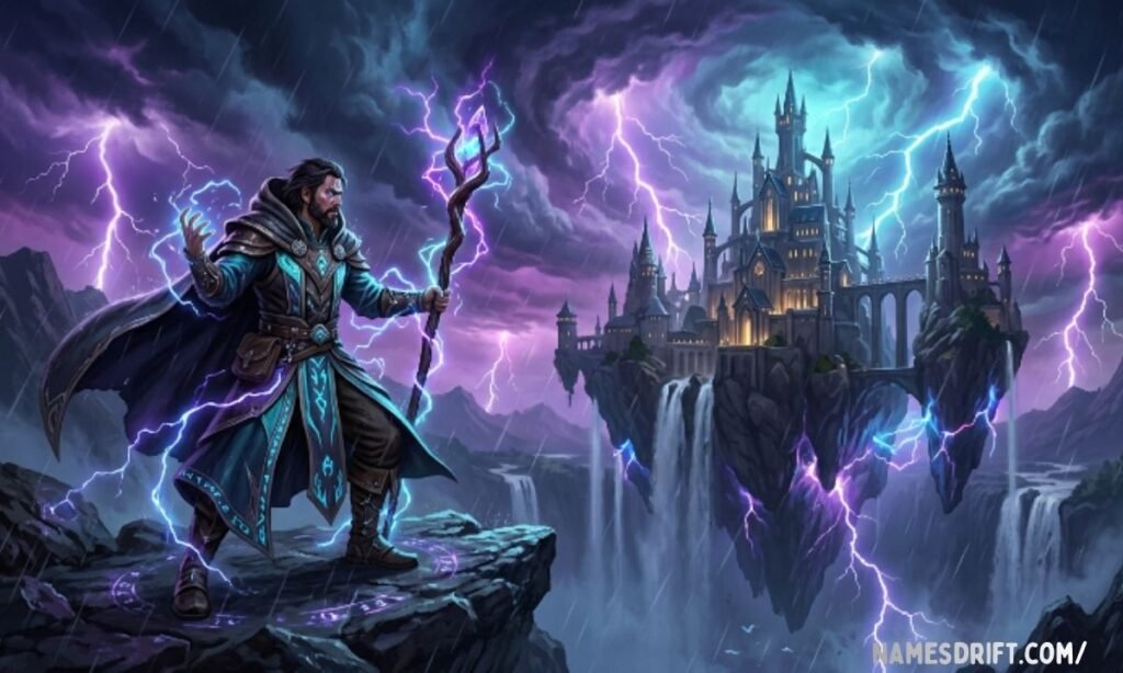 Fantasy storm mage controlling lightning above a magical kingdom.