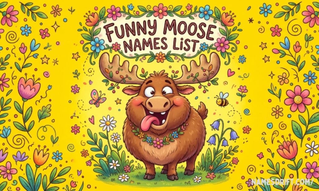 Funny moose names list featuring a goofy cartoon moose with a playful expression and colorful background
