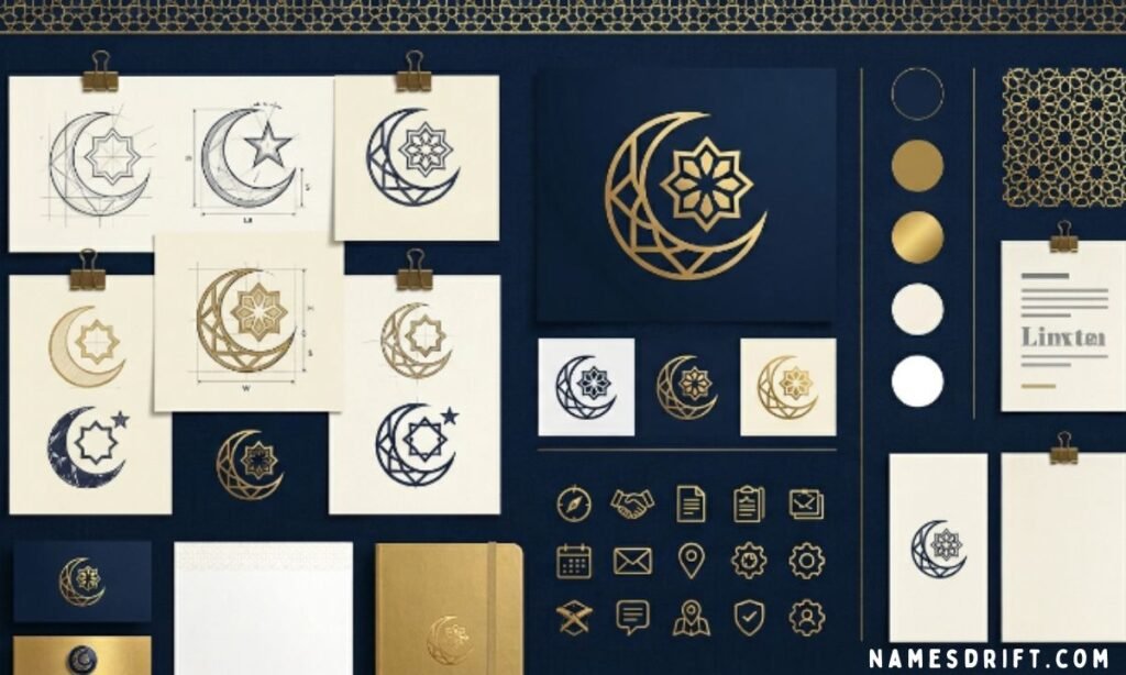 Islamic logo design concept with crescent moon and geometric branding sketches
