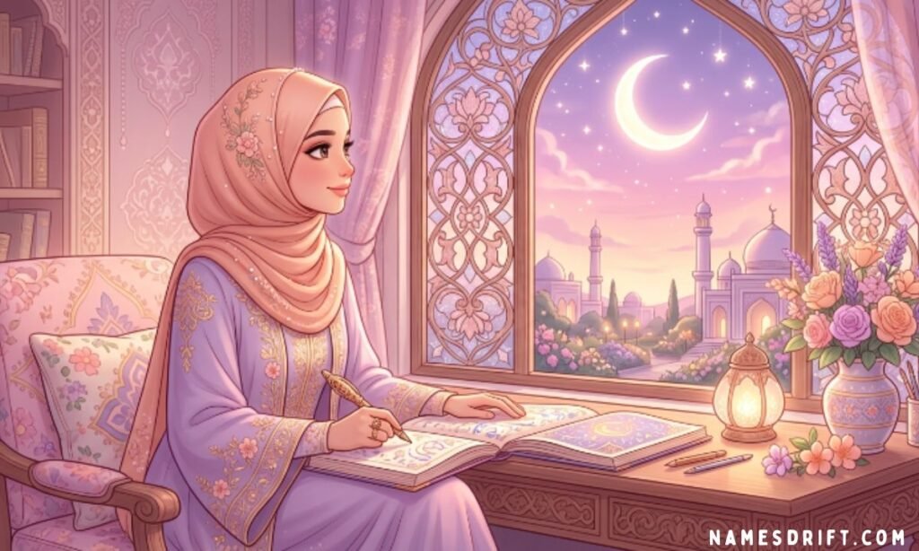 Soft pastel Islamic aesthetic with floral design and crescent moon creative theme
