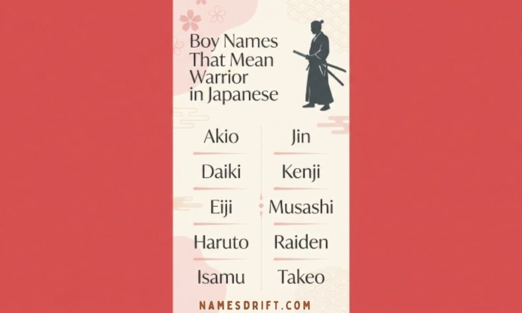 Japanese warrior boy names infographic with samurai silhouette