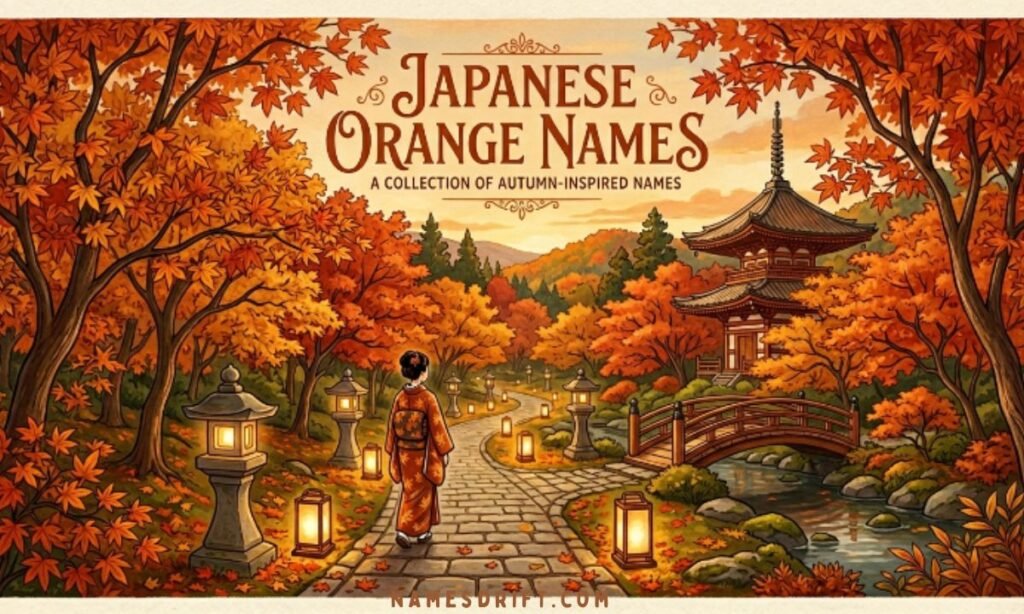 Japanese-inspired orange names displayed with mandarin oranges, cherry blossoms, and traditional Japanese design elements.