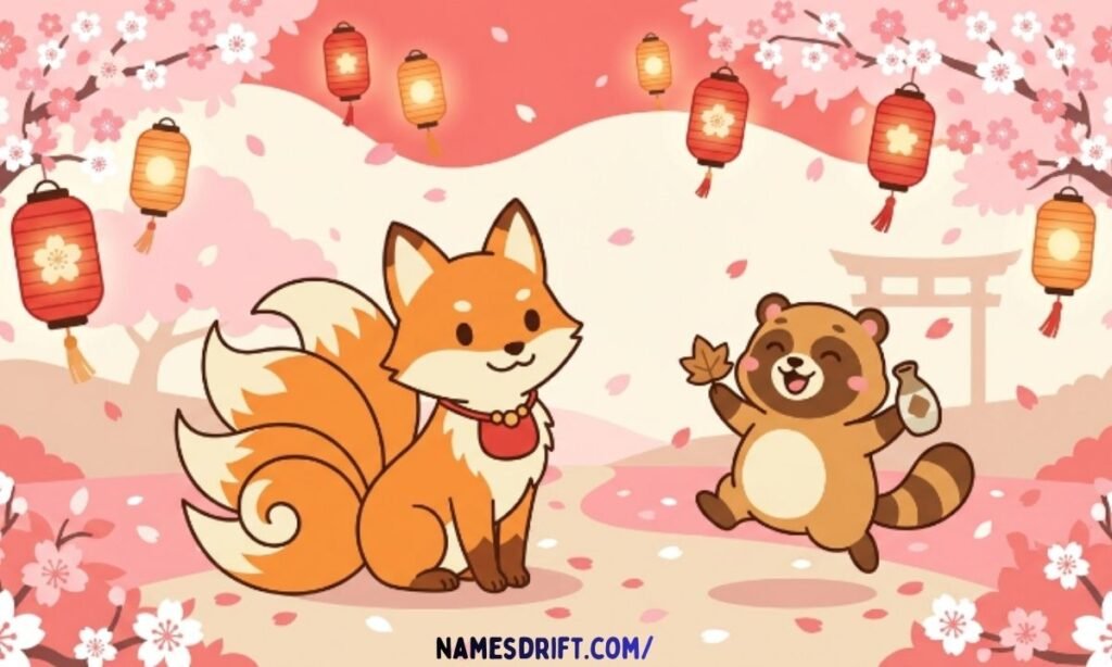 Cartoon kitsune and tanuki representing Japanese trickster inspired names
