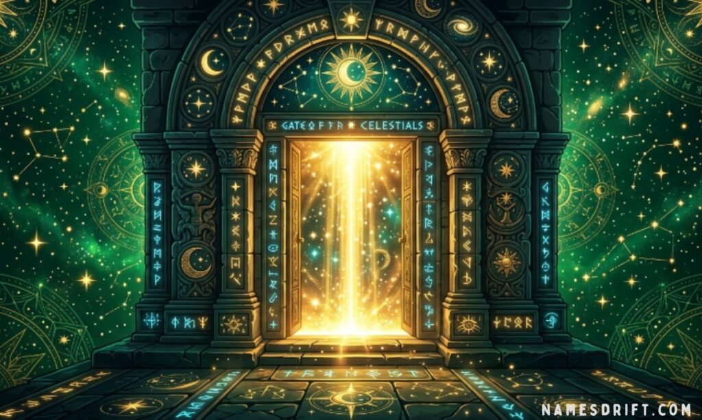 Mythological names that mean light illustrated with glowing ancient gateway