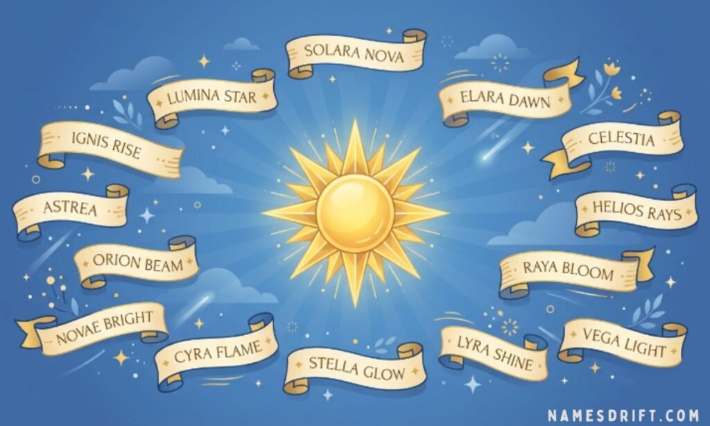 Male names that mean light illustrated with glowing sun symbol