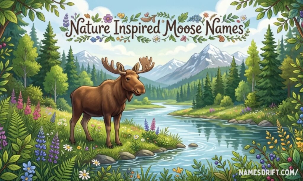  Moose standing near mountains, rivers, and pine trees in nature
