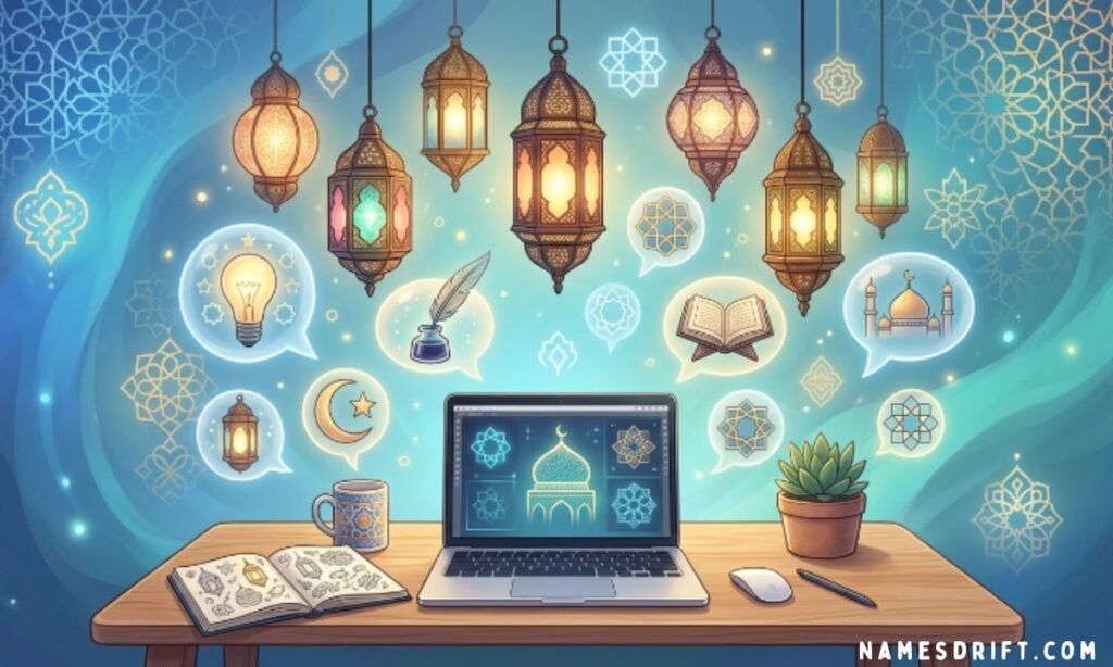 Modern Islamic inspiration design with floating idea elements and blue gradient background
