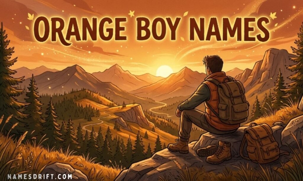 Strong boy names inspired by orange colors with sunset landscapes, citrus elements, and warm golden-orange tones.