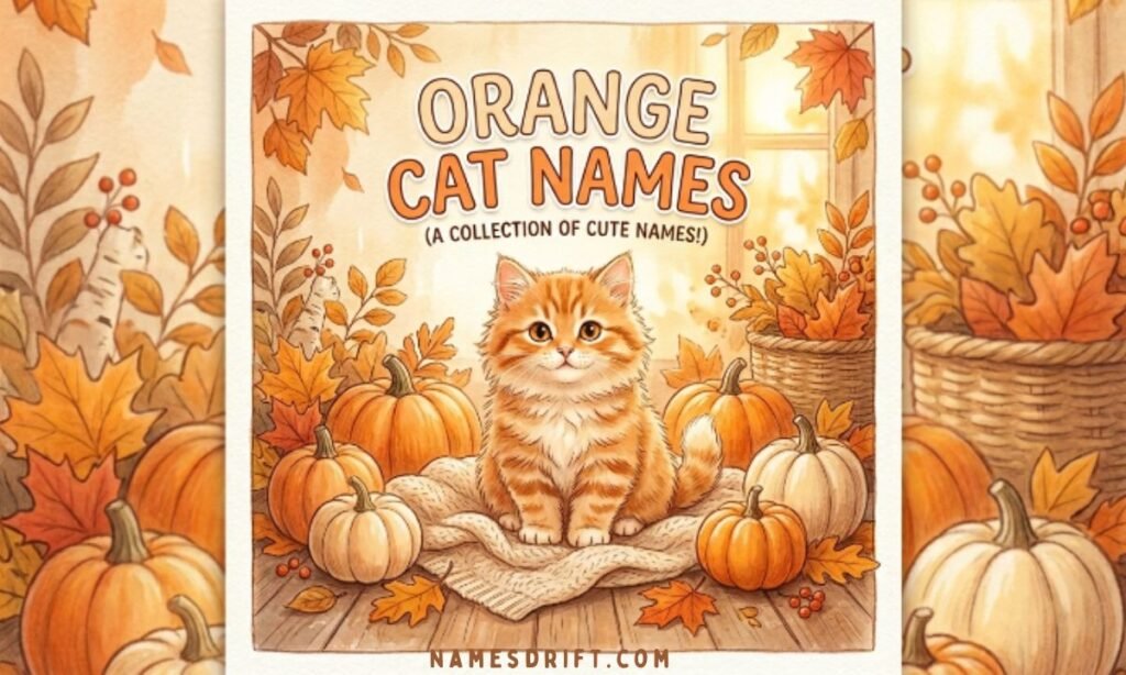 Cute orange cat surrounded by playful orange-themed names with cozy autumn leaves and warm colors.