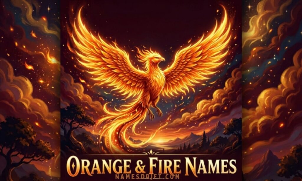 Powerful orange and fire-inspired names surrounded by flames, glowing embers, and fiery sunset colors.