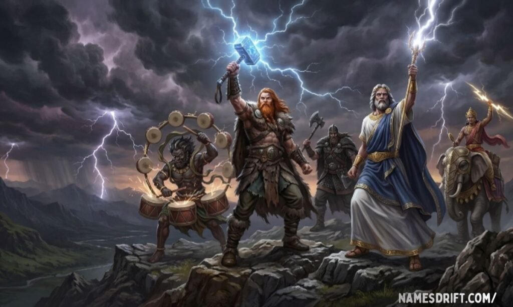 Mythological storm and thunder figures standing beneath a dramatic lightning sky.
