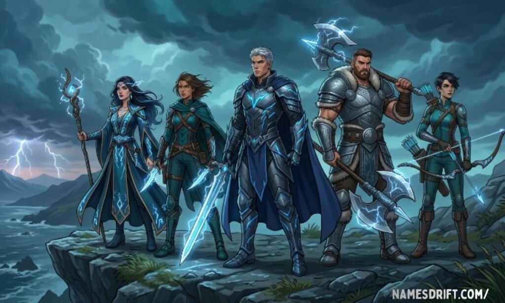 Stylish storm-inspired characters with modern fantasy appearance and stormy backdrop.
