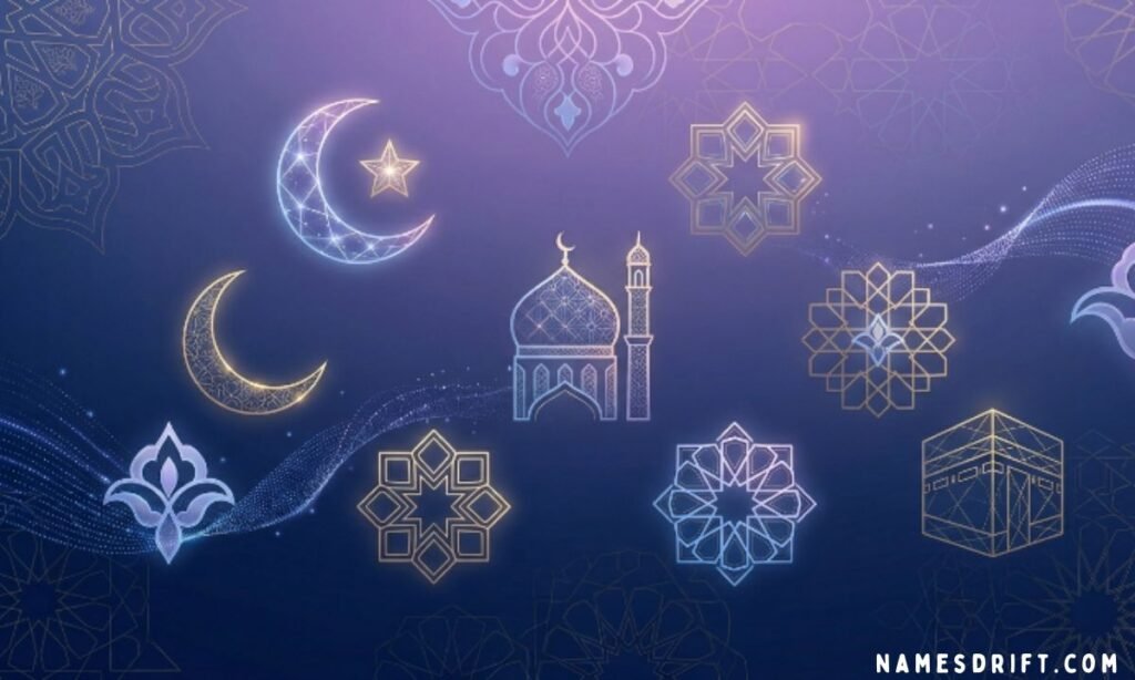 Minimal Islamic creative identity design with purple gradient and geometric patterns
