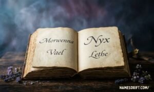Vintage open book with mysterious forgotten-themed names written inside under moody blue lighting.