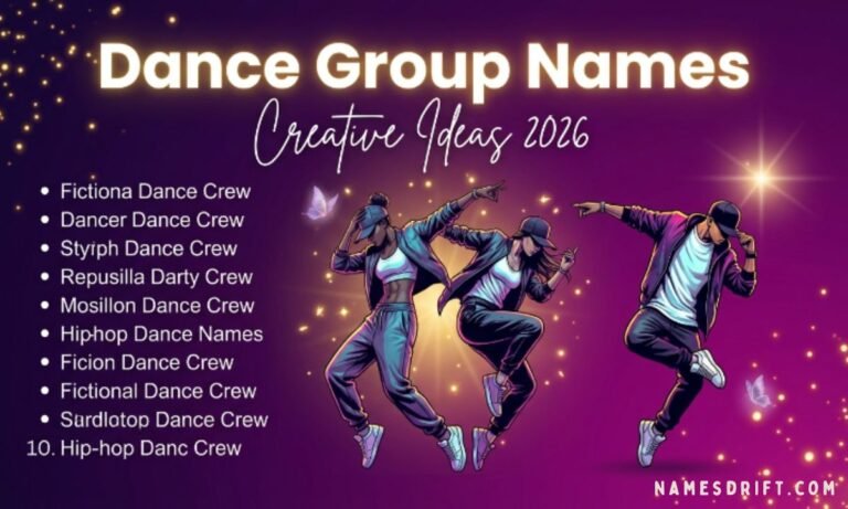 Creative dance group names featured image with stylish dancers, glowing typography, and modern squad aesthetic