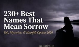 Dark aesthetic featured image for names that mean sorrow with lonely silhouette and elegant typography