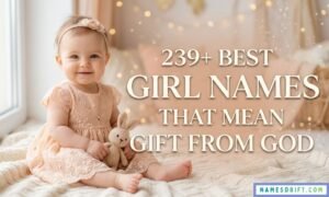 Beautiful baby girl portrait with soft pastel background and text about girl names that mean gift from God