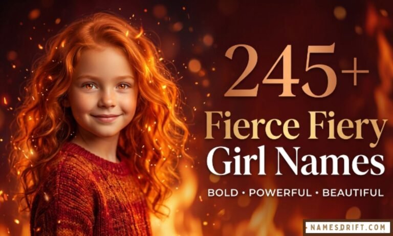 Fiery girl with glowing red hair and bold text for fierce fiery girl names article