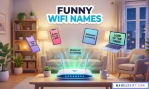 Funny WiFi names displayed around a glowing home router