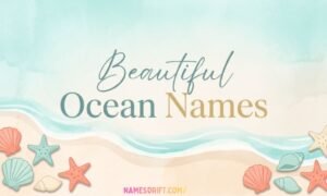 Beautiful ocean-inspired names feature image with beach waves and pastel coastal aesthetic