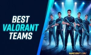 Epic Valorant team names feature image with neon esports squad and glowing wolf emblem.