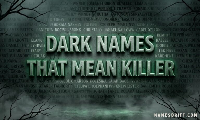 Dark names that mean killer engraved on ancient stone wall with foggy gothic background.