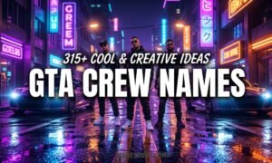 GTA crew names featured image with neon city background and stylish gang characters