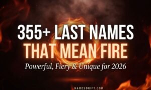 Featured image for last names that mean fire with glowing flames and bold typography