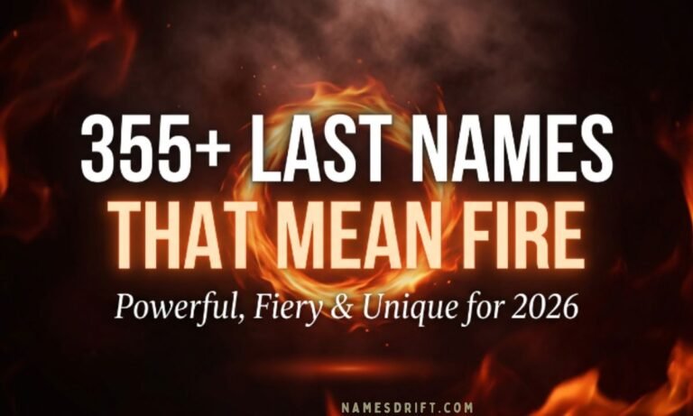 Featured image for last names that mean fire with glowing flames and bold typography